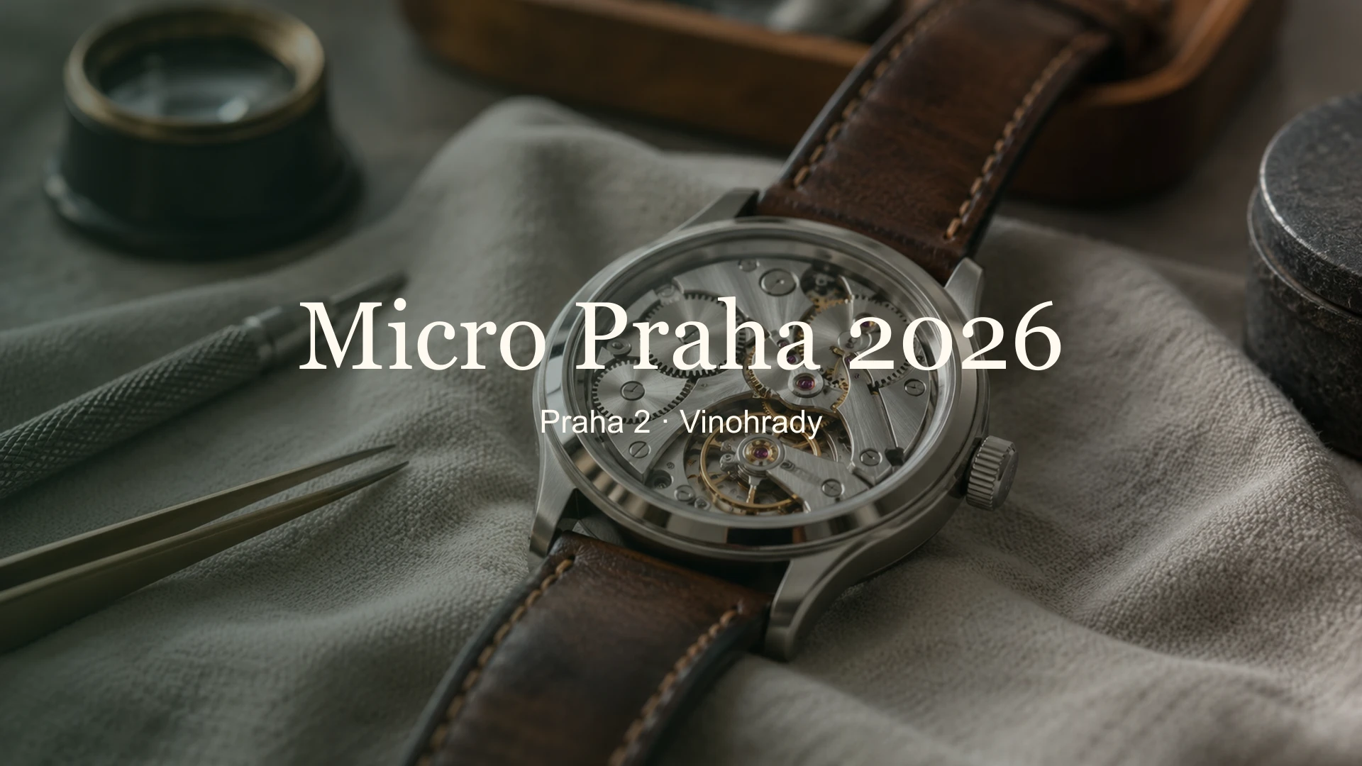 Mechanické náramkové hodinky s názvem Micro Praha 2026 a lokalitou Praha 2 – Vinohrady.