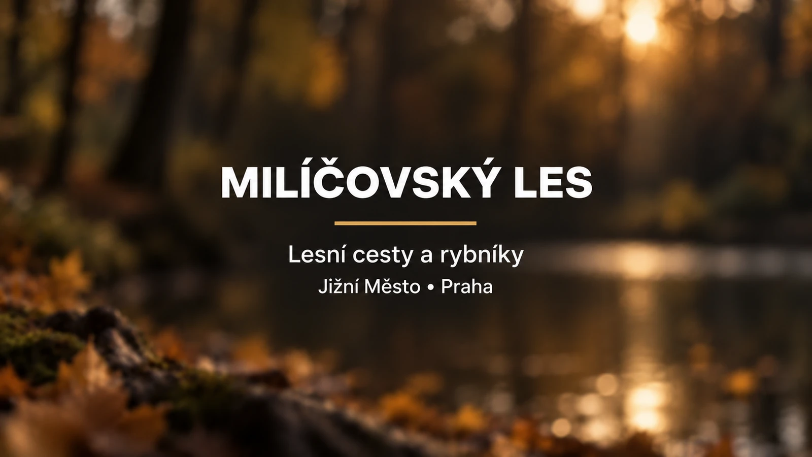 Milíčovský les: bílý název a zlatá linka na rozostřeném pozadí podzimního lesa a rybníka