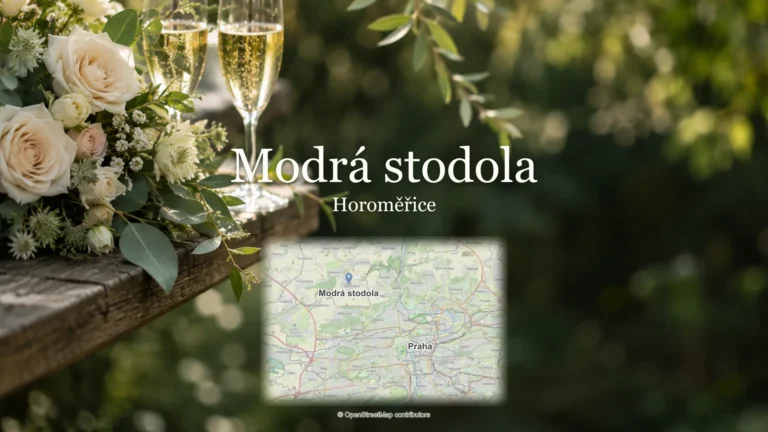 Modrá stodola, Horoměřice: svatební detail a skutečná mapa s polohou místa a Prahy.