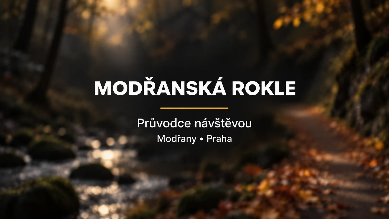 Modřanská rokle: bílý titulek se zlatou linkou na rozostřeném pozadí lesního potoka