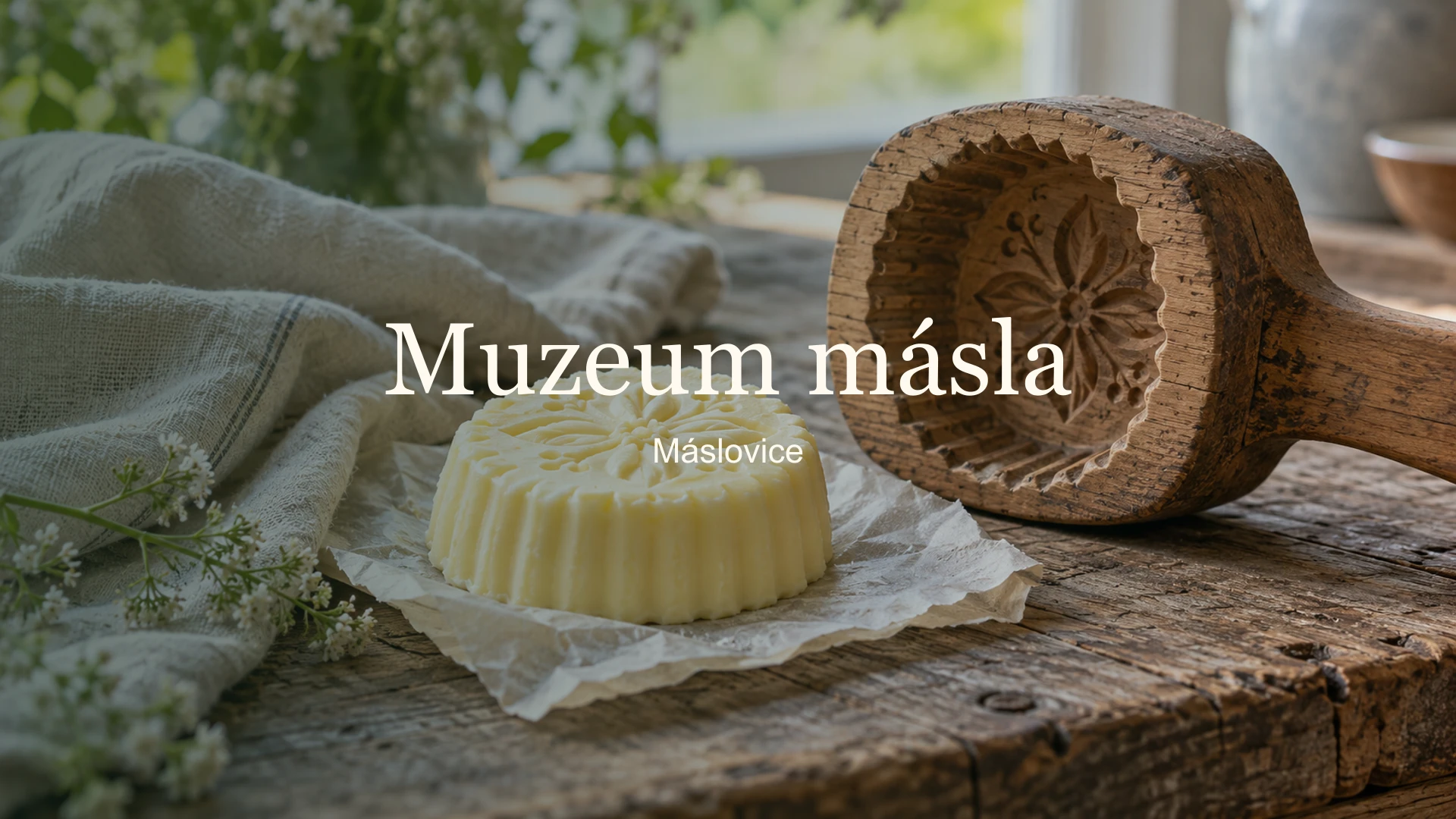 Máslo, dřevěná formička a plátno s názvem Muzeum másla a lokalitou Máslovice.