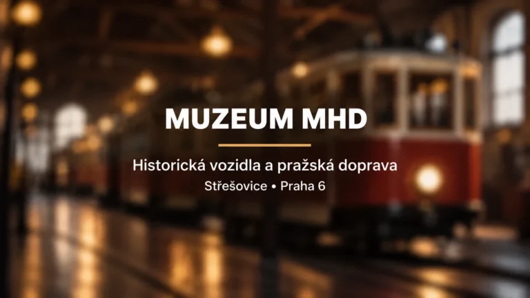 Muzeum MHD: bílý název a zlatá linka na rozostřeném pozadí historické tramvaje ve vozovně