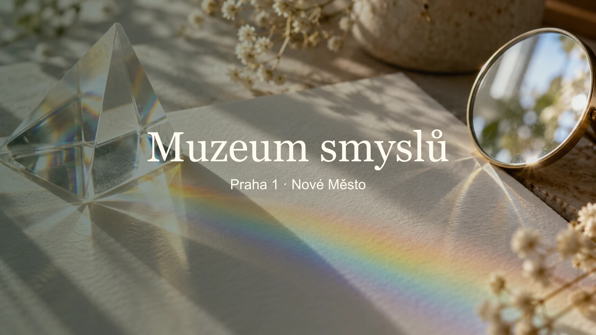 Muzeum smyslů – tematický fotografický detail s názvem místa a jemně rozostřeným pozadím.