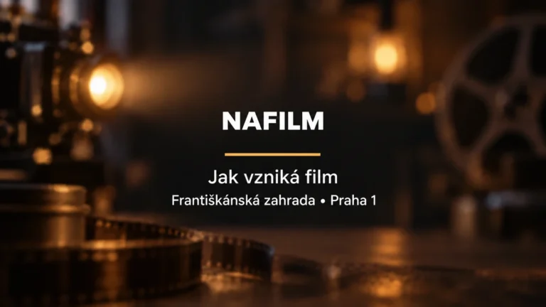 NaFilM: bílý název a zlatá linka na rozostřeném pozadí filmového projektoru