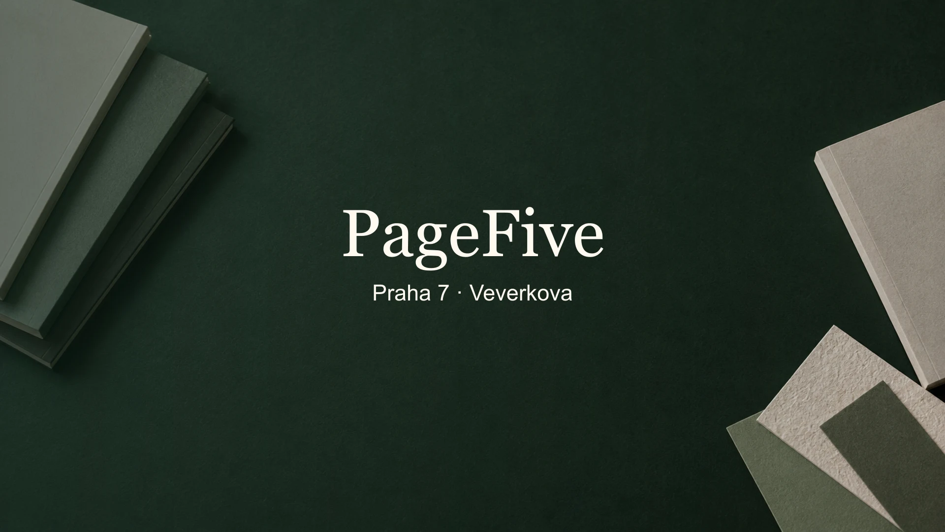 Tematické zátiší knih a papíru s titulkem PageFive, Praha 7 · Veverkova