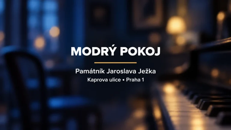 Modrý pokoj: jednotný bílý nápis a zlatá linka na rozostřeném modrém hudebním pozadí