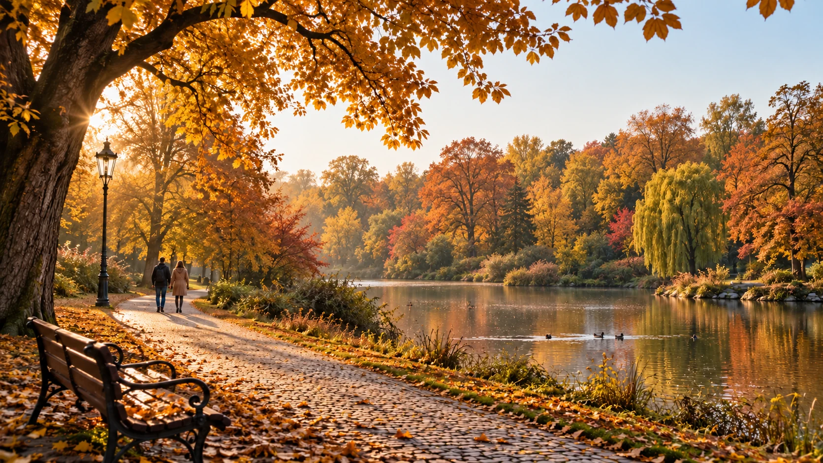 Podzimní park s jezírkem, barevným listím a procházejícími se lidmi – AI ilustrace