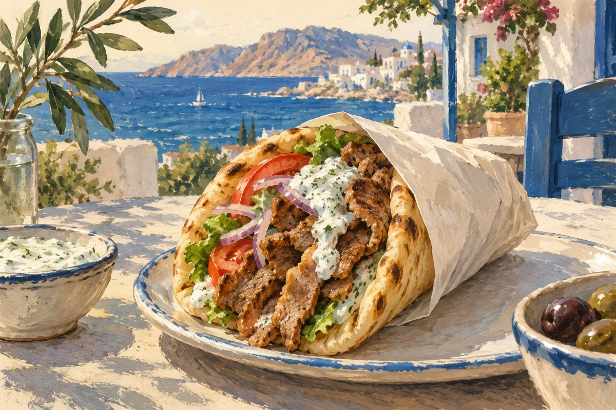 Gyros v pitě s omáčkou a zeleninou.