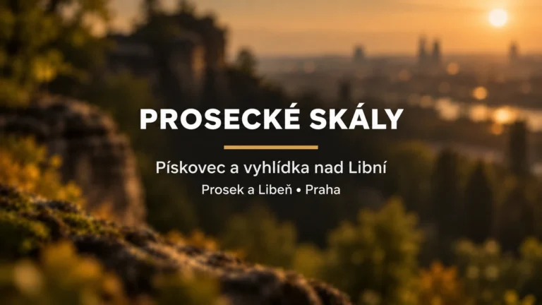 Prosecké skály: jednotný bílý nápis se zlatou linkou na rozostřeném pískovcovém pozadí