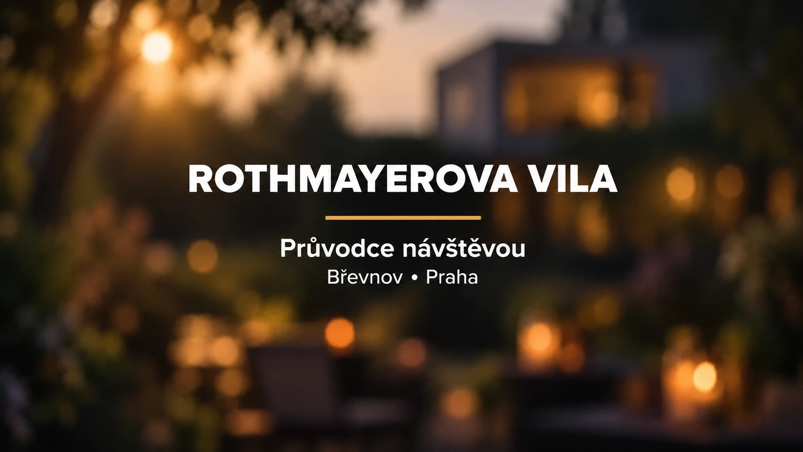 Rothmayerova vila: jednotný bílý titulek se zlatou linkou nad rozostřenou zahradou
