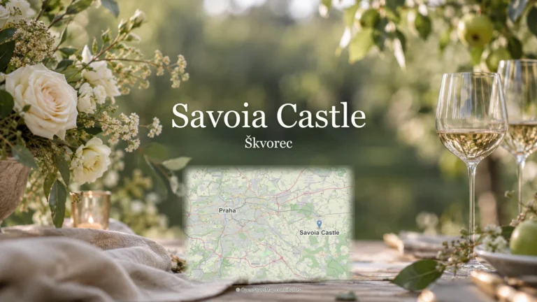 Savoia Castle, Škvorec: svatební detail a skutečná mapa s polohou místa a Prahy.