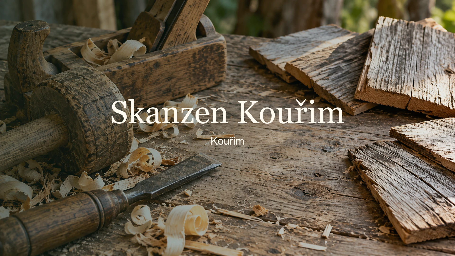 Dřevěný hoblík a šindele s názvem Skanzen Kouřim a lokalitou Kouřim.