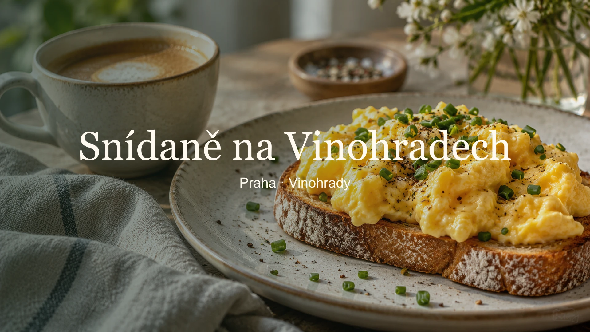 Snídaňový talíř s vejci a pečivem s názvem Snídaně na Vinohradech.