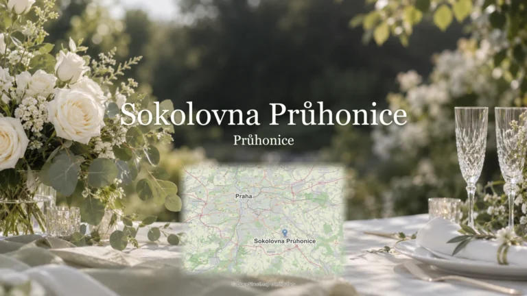 Sokolovna Průhonice, Průhonice: svatební květiny, sklenky a skutečná mapa polohy.