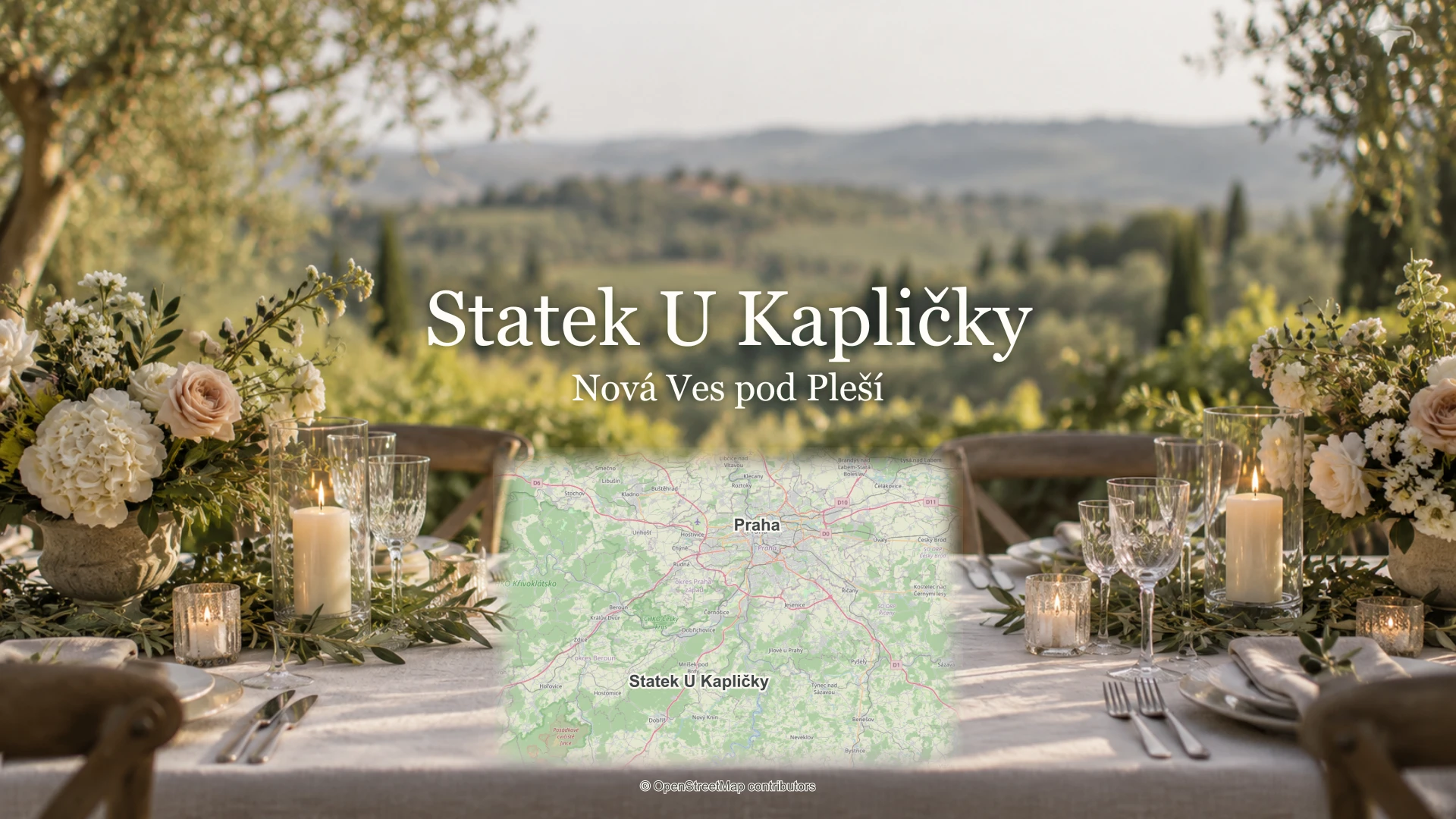 Statek U Kapličky, Nová Ves pod Pleší: svatební motiv a mapa se skutečnou polohou místa a Prahy.
