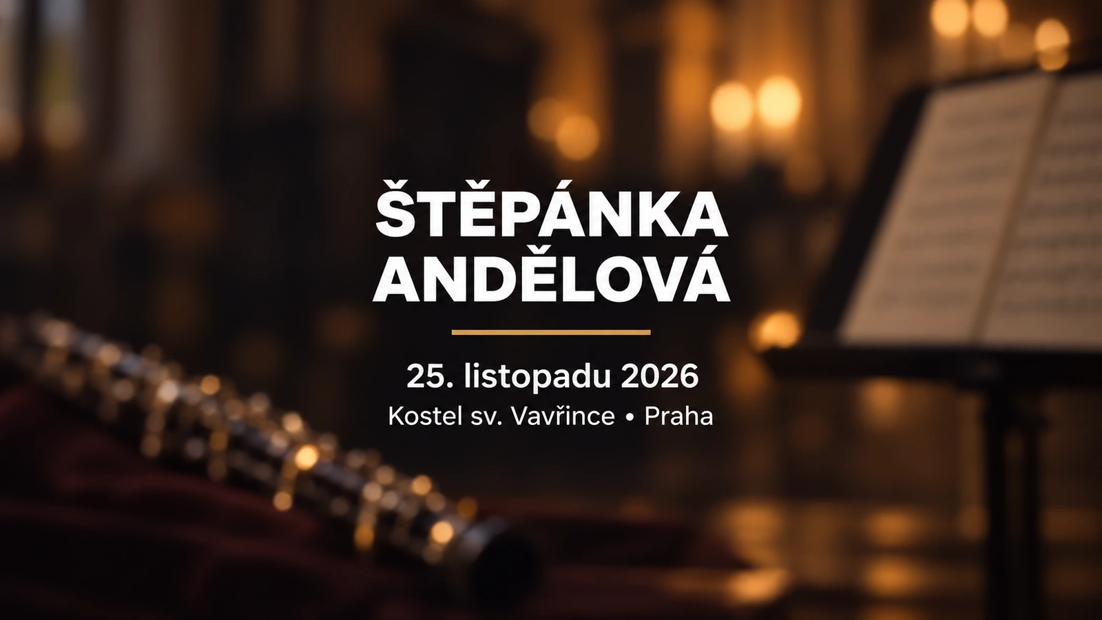 Štěpánka Andělová 2026: bílý název na rozostřeném pozadí hoboje a komorních světel