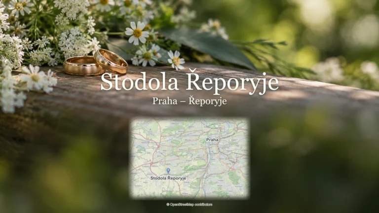 Stodola Řeporyje, Praha – Řeporyje: svatební detail a skutečná mapa s polohou místa a Prahy.