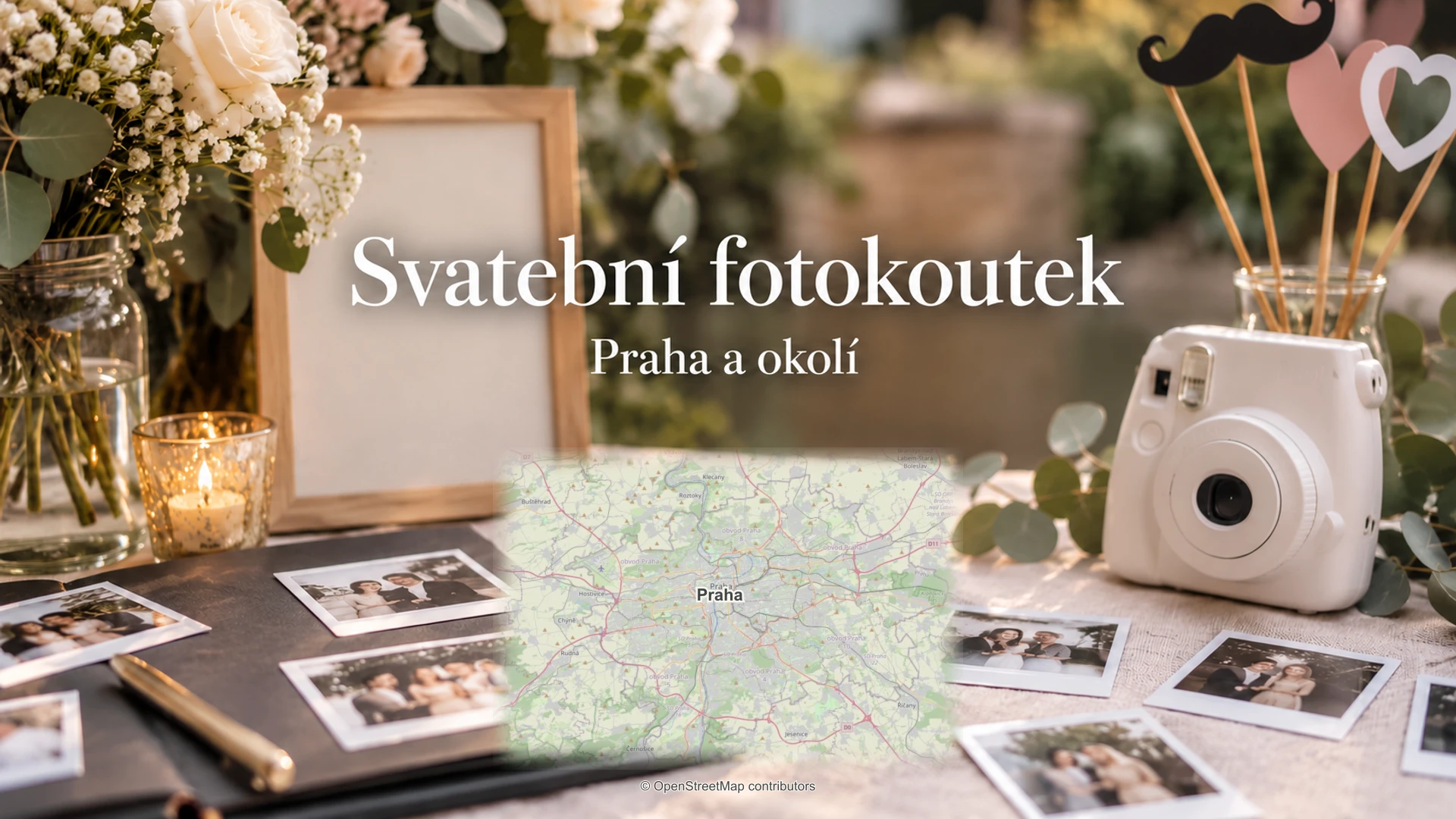 Svatební fotokoutek: svatební detail a skutečná regionální mapa.