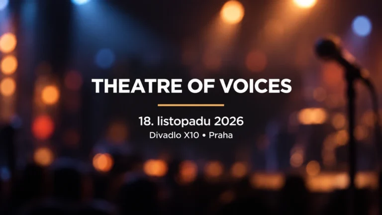 Theatre of Voices: jednotný bílý titulek se zlatou linkou, datum a Divadlo X10