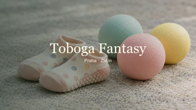 Dětské protiskluzové ponožky a barevné míčky s názvem Toboga Fantasy a lokalitou Zličín.