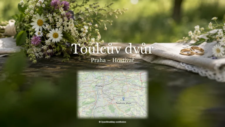 Toulcův dvůr, Praha – Hostivař: svatební detail a skutečná mapa s polohou místa a Prahy.