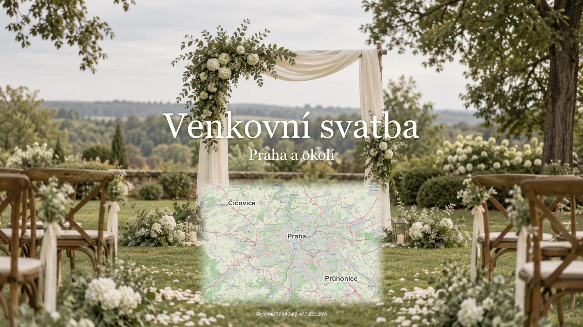 Venkovní svatební obřad se skutečnou mapou Prahy, Průhonic a Číčovic.
