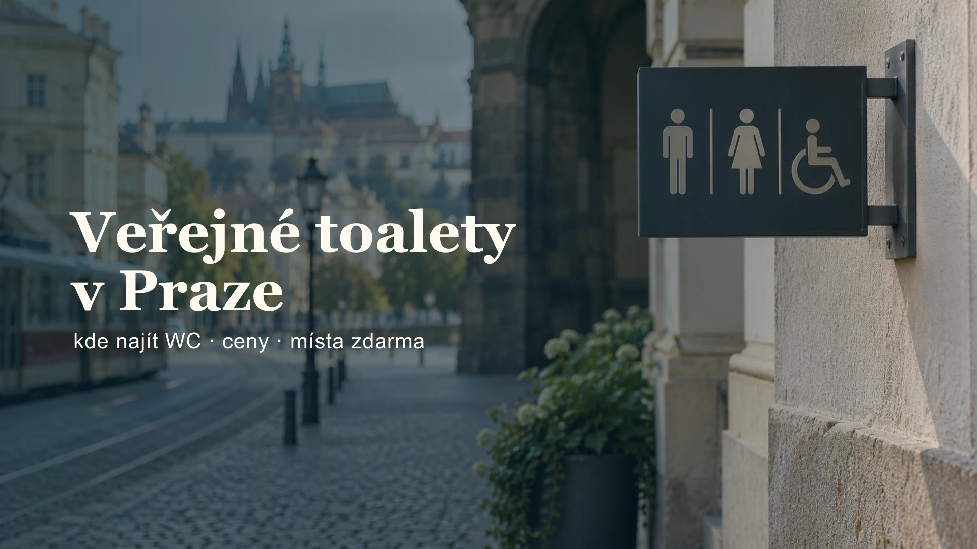 Ilustrační označení veřejných toalet v městské ulici.