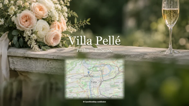 Villa Pellé, Praha – Bubeneč: svatební detail a skutečná mapa s polohou místa a Prahy.