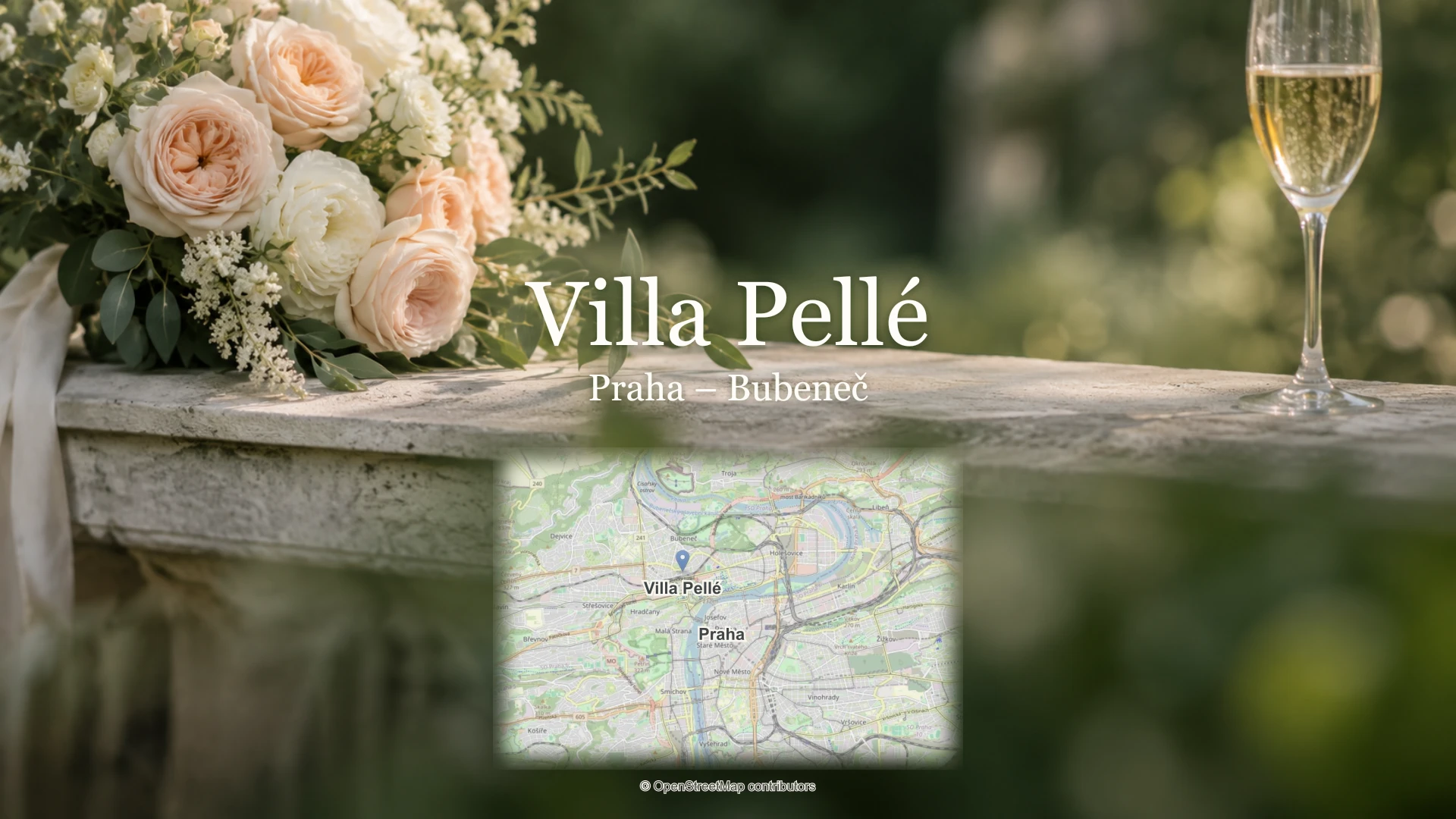 Villa Pellé, Praha – Bubeneč: svatební detail a skutečná mapa s polohou místa a Prahy.