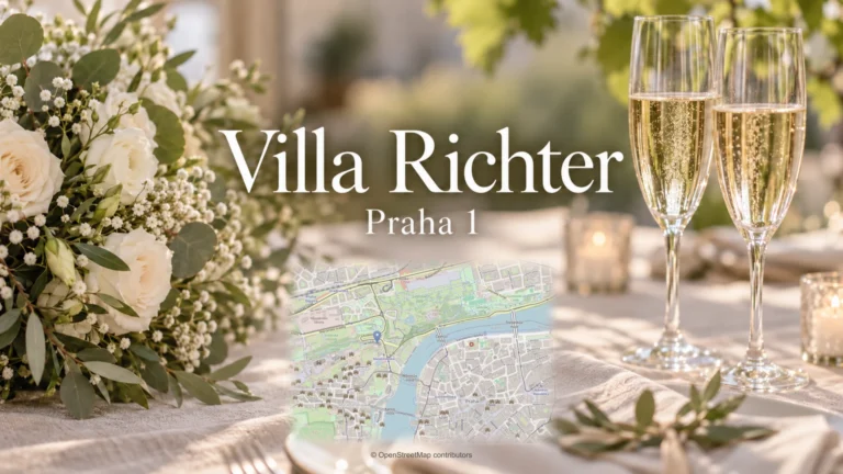 Villa Richter, Praha 1: svatební kytice, sklenky a mapa polohy.