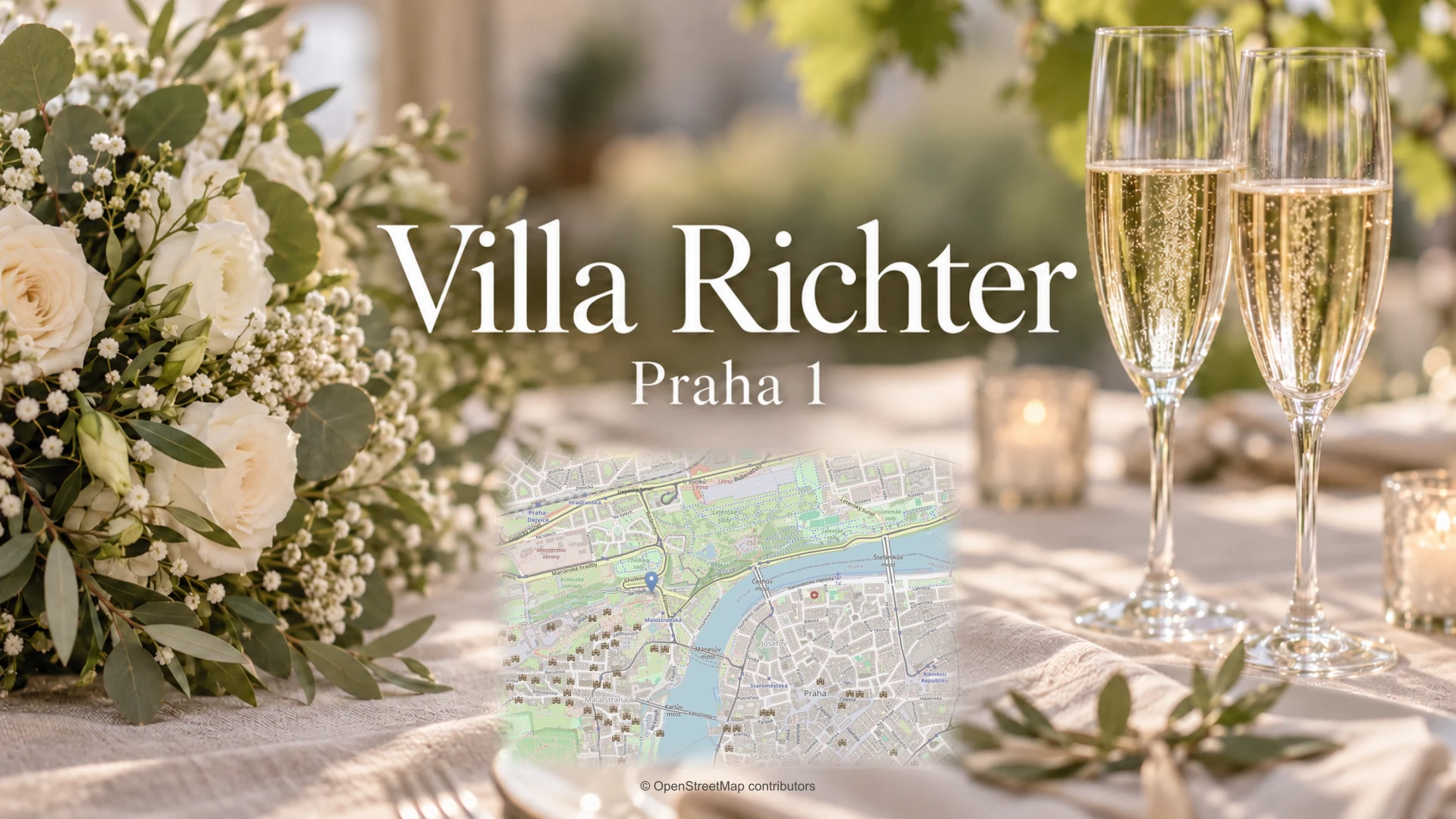 Villa Richter, Praha 1: svatební kytice, sklenky a mapa polohy.