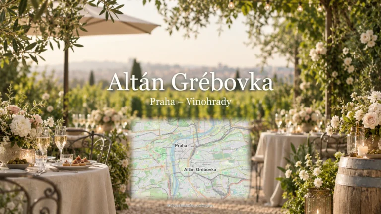 Altán Grébovka, Praha – Vinohrady: svatební motiv a mapa se skutečnou polohou místa a Prahy.