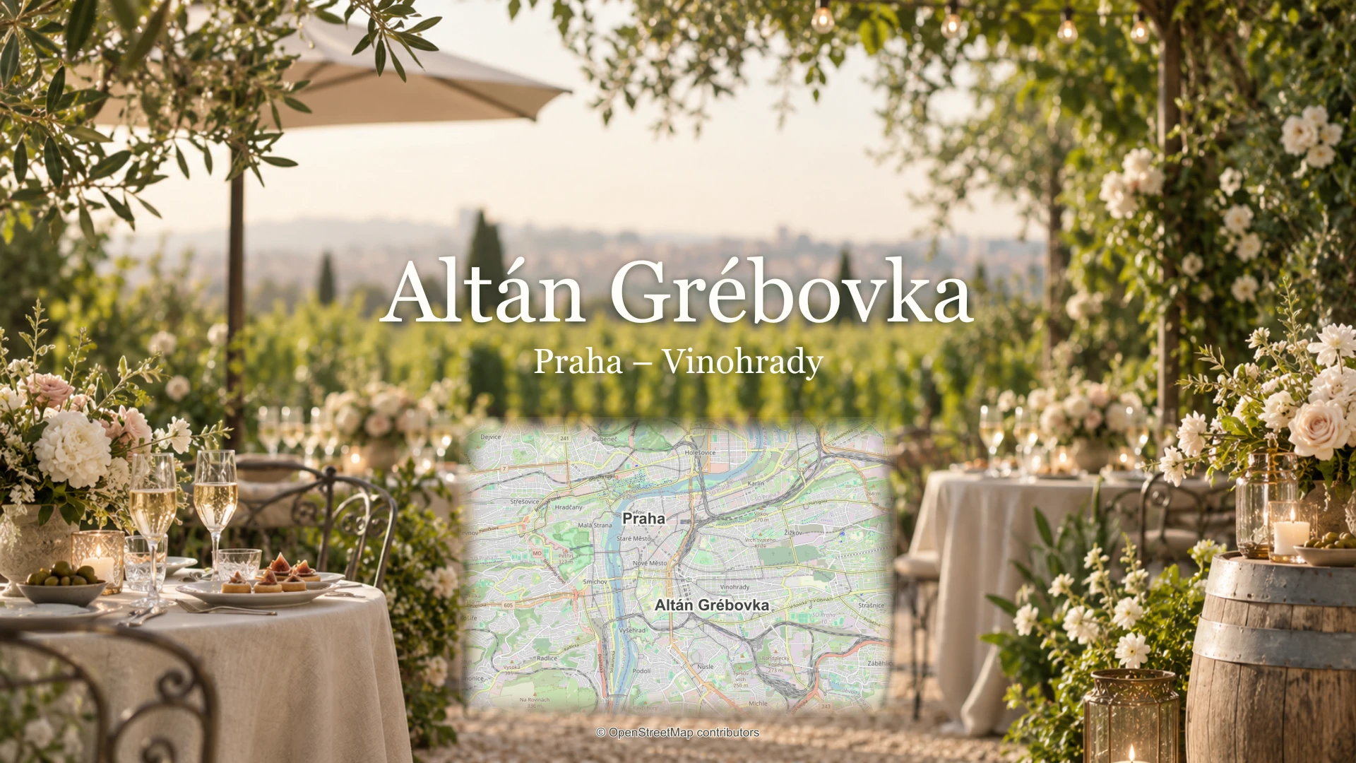 Altán Grébovka, Praha – Vinohrady: svatební motiv a mapa se skutečnou polohou místa a Prahy.