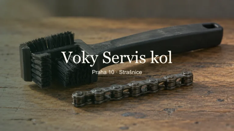 Tematický detail cyklistických součástek a nářadí, titulek Voky Servis kol, Praha 10 · Strašnice