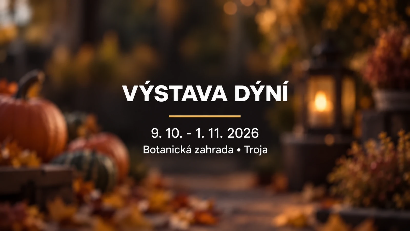 Výstava dýní 2026 v Troji: bílý titulek na rozostřeném podzimním pozadí