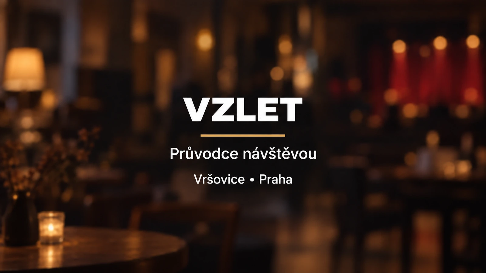 Vzlet v Praze: bílý název a zlatá linka na rozostřeném kulturním pozadí