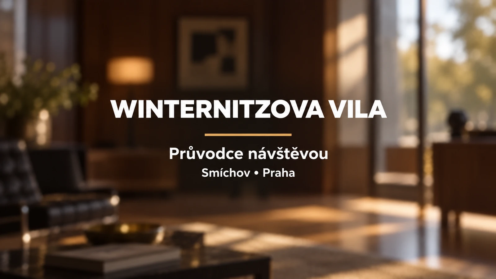 Winternitzova vila: jednotný bílý titulek se zlatou linkou na rozostřeném interiérovém pozadí