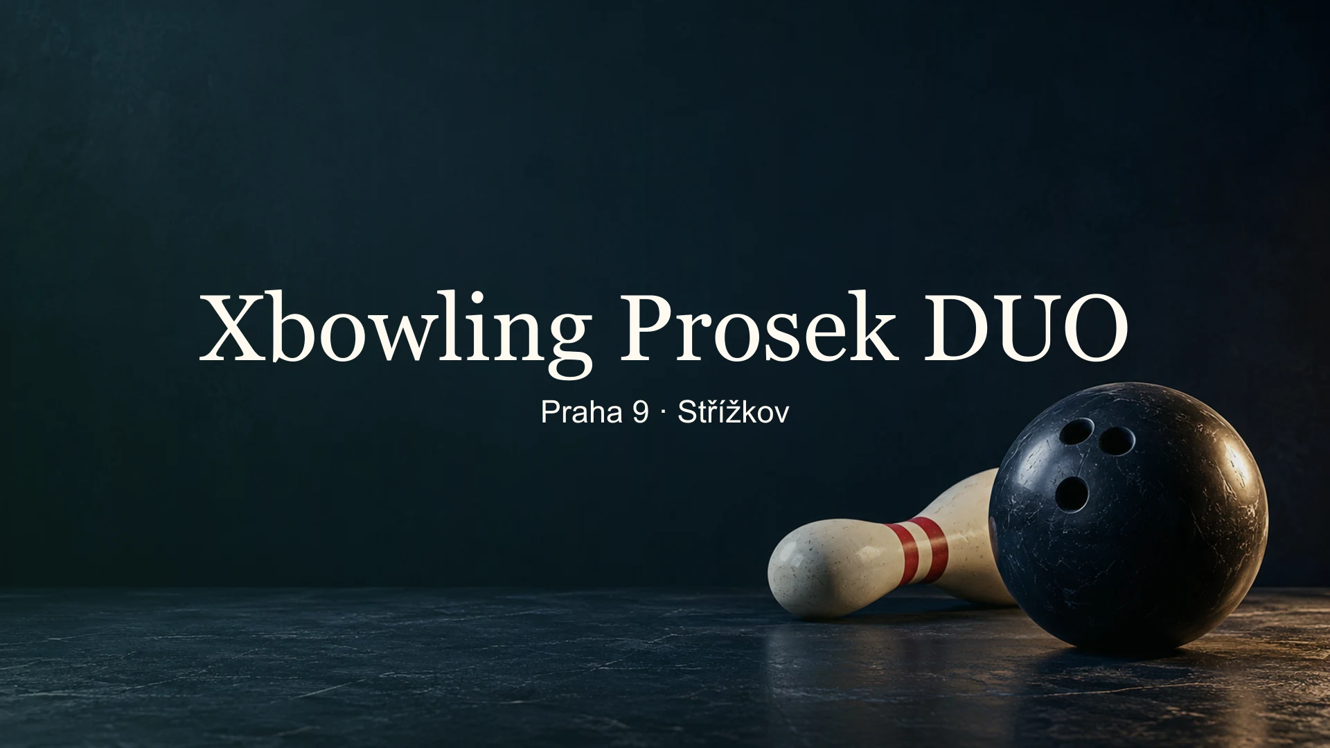 Tematické zátiší bowlingového vybavení s titulkem Xbowling Prosek DUO, Praha 9 · Střížkov