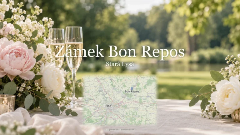 Zámek Bon Repos, Stará Lysá: svatební květiny, sklenky a skutečná mapa polohy.