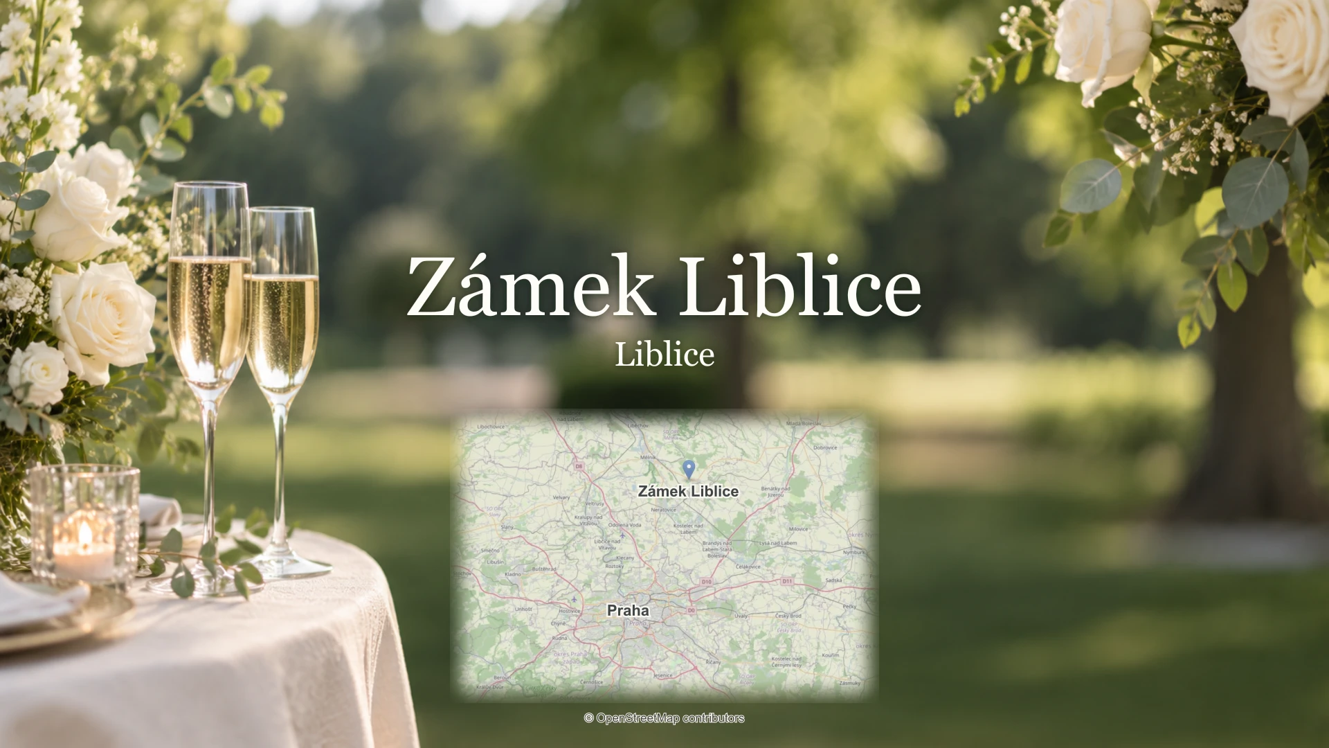 Zámek Liblice, Liblice: svatební detail a skutečná mapa s polohou místa a Prahy.