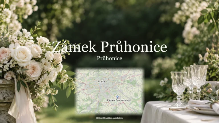 Zámek Průhonice, Průhonice: svatební květiny, sklenky a mapa polohy.