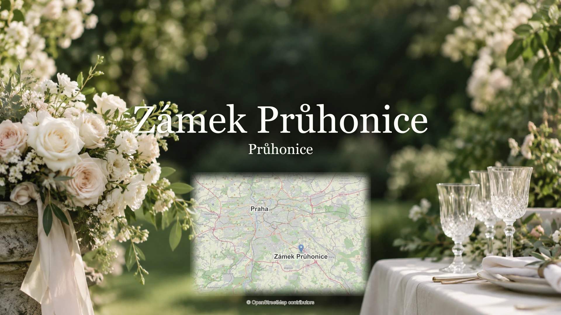 Zámek Průhonice, Průhonice: svatební květiny, sklenky a mapa polohy.