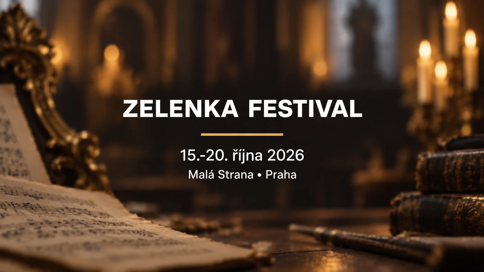 Zelenka Festival 2026: bílý název a datum na rozostřeném barokním pozadí