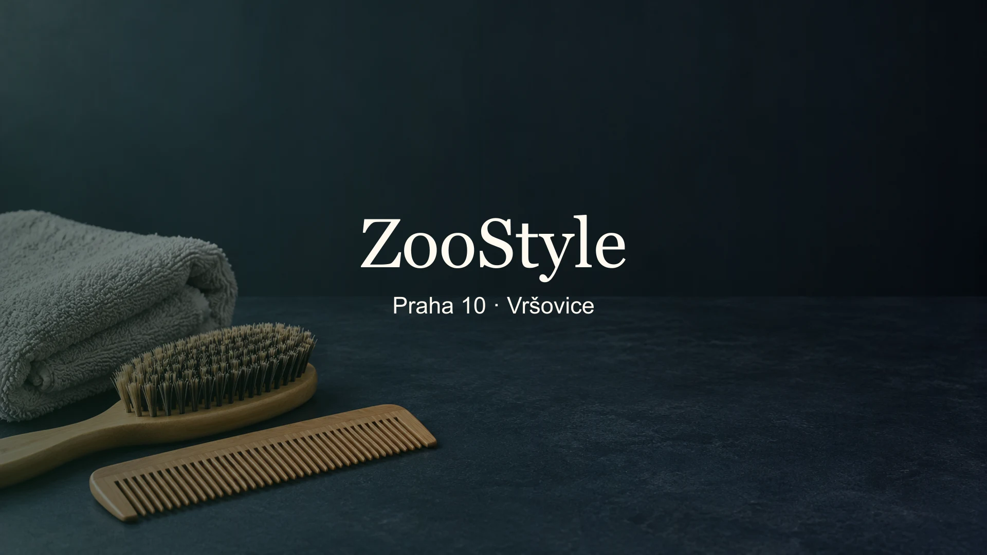 Tematické zátiší ručníku a pomůcek k úpravě psí srsti s titulkem ZooStyle, Praha 10 · Vršovice